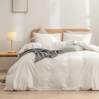 BESTOUCH Cotton Solid Duvet Cover Set Linen Feel Off White Alaska King