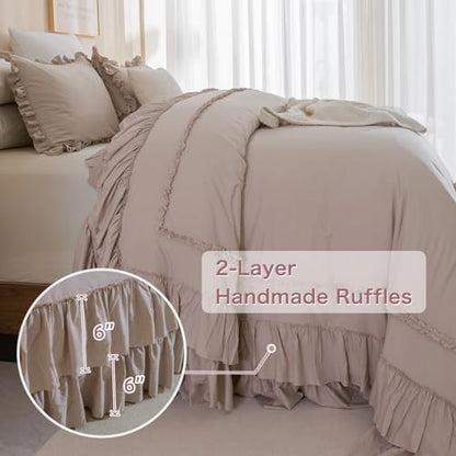 Masaca Oversized King Comforter 120x120,3 Pieces Farmhouse Ruffle Bedding Comforter Set,Taupe Shabby Boho Chic Cal King Comforter Oversized,Lightweight Rustic Bedding Set Ultra Soft