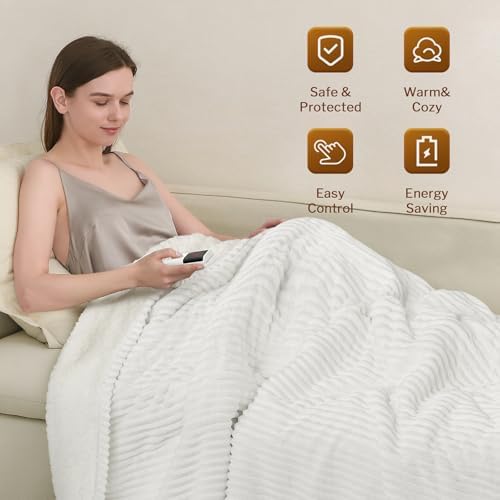 Reaks Heated Blanket Twin, 9 Heat Levels, 2-10H Auto-Off, 62"x84", White