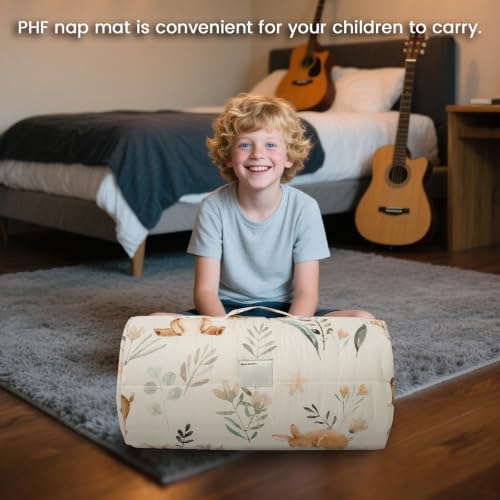 PHF Toddler Nap Mat with Removable Pillow and Minky Blanket, Rollup Design Kids Sleeping Mat Slumber Bags, 50"x20" Toddler Sleeping Bag for Daycare Preschool Travel Camping, Woodland & Animal