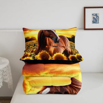 3D Horse Comforter Set for Kids Boys Wild Animal Down Comforter Girls Teen Adult Women Sunflower Quilted Duvet Brown Horse Bedding Comforters Cowboys Farmhouse Comforter with 2 Pillowcases, Queen Size