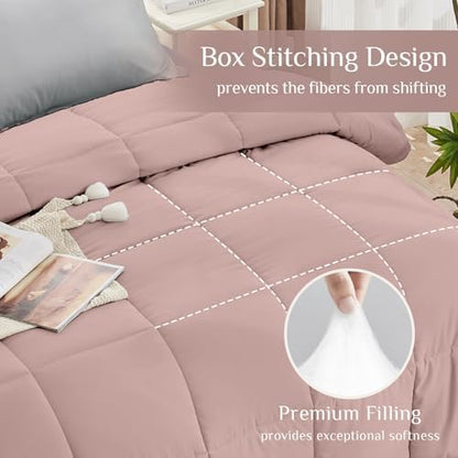 JOLLYVOGUE Queen Comforter Set, Ultra-Soft Bed in a Bag Queen Size 7 Pieces, Oeko-TEX Certified Bedding Set with Down Alternative Comforter, Sheets, Pillowcases & Shams, Pink & Light Grey