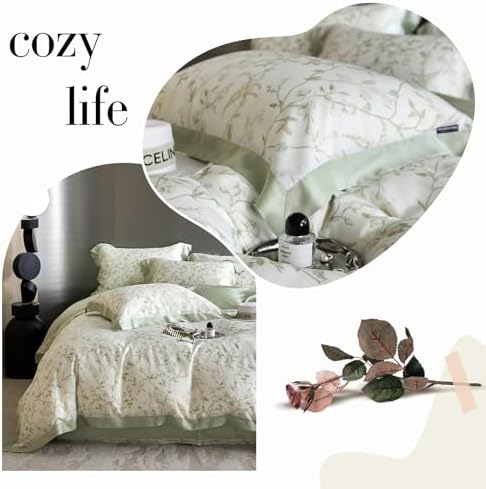 VM VOUGEMARKET Green Flower Duvet Cover Twin Cooling Lyocell Comfoter Cover Set for Hot Sleeper,Moisture Wicking Silky Bedding Set-Mint Green