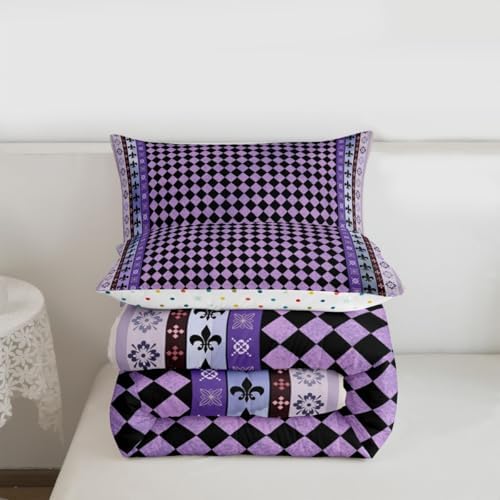jejeloiu Check Checkered Comforter Set King Size Plaid Damask Floral Bedding Set for Kids Boys Girls Geometric Checkerboard Duvet Quilt Grid Bedroom Decor Microfiber 3 Pcs with 2 Pillow Cases