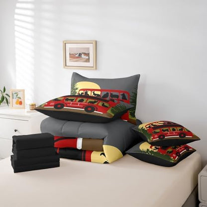 Erosebridal Kids Camping 7 Piece Comforter Set King Bed in a Bag,Cartoon Camper Bedding for Kids Girls Boys,Camping Trip Sheet Set,Kawaii Giraffe Wolf Animals Silhouette Red Rv Car Quilt