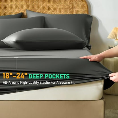 100% Viscose Derived from Bamboo Sheet Set, Natural Breathable Moisture-Wicking for Hot Sleepers, 24" Deep Pocket, 4 Piece