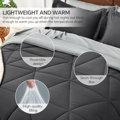 BEDELITE Queen Comforter Set 7 Pieces, Charcoal Black Bed in A Bag
