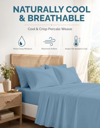 Casa Platino Sheet Set Split King Size – 100% Cotton Bed Sheets Split King with 4 Pillowcases, Ultra Soft & Cozy, with 15" Deep Pocket Fitted Sheet, Perfect Everyday Sheets – Blue Heaven