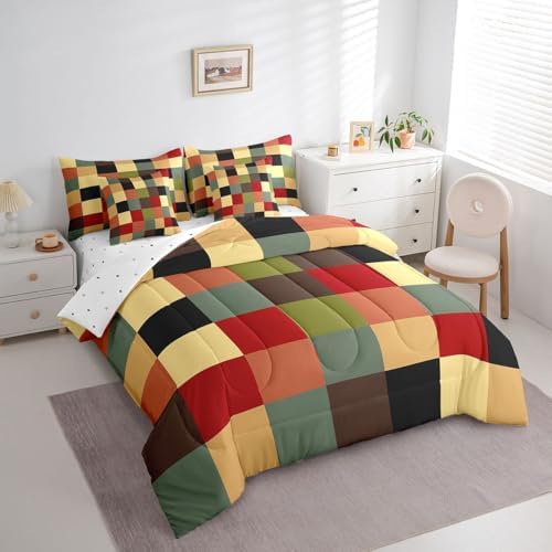 jejeloiu Classic Plaid Bedding Set 7Pcs King Size Kids Checkered Grid Comforter Set with Sheets for Boys Girls Buffalo Check Bed in a Bag Soft Lightweight,Microfiber
