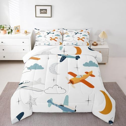 Kids Hand Drawn Airplane Comforter Set Queen Size for Child Boys Girls Room Decor,Cartoon Starry Moon Cloud Bedding Set,Teens Sky Flying Transport Plane Quilt Set White Vivid Duvet Insert 3pcs
