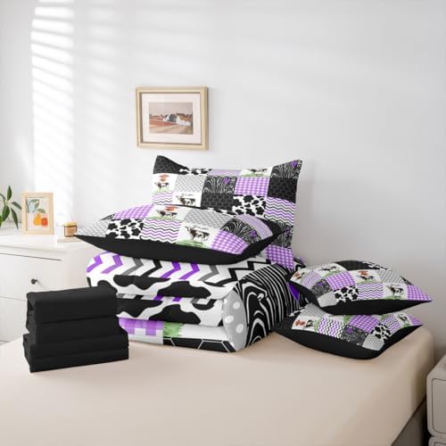 Erosebridal Kawaii Highland Cow 7 Pcs Comforter Set King Size,Cute Cattle Print Bedding,Farm Animals Bed Sheet with Pillowcase & Sham Honeycomb Plaid Pattern Geometric Stripes