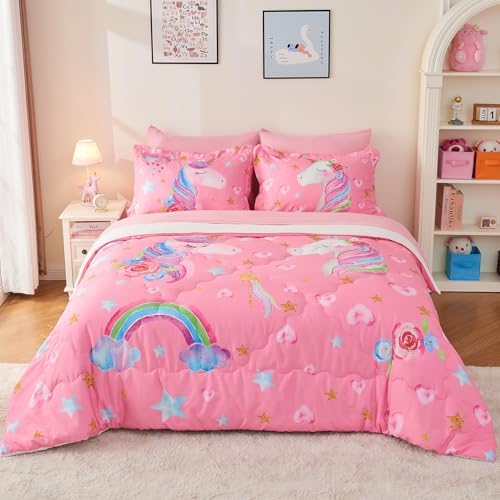 Wajade Pink Unicorn Comforter Set for Girls 7 Piece Cute Cartoon Bedding Set for Kids Twin Size as Birthday Gift with Comforter, Sheet Set, Pillowcase and Sham