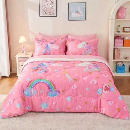 Wajade Pink Unicorn Comforter Set for Girls 7 Piece Cute Cartoon Bedding Set for Kids Twin Size as Birthday Gift with Comforter, Sheet Set, Pillowcase and Sham