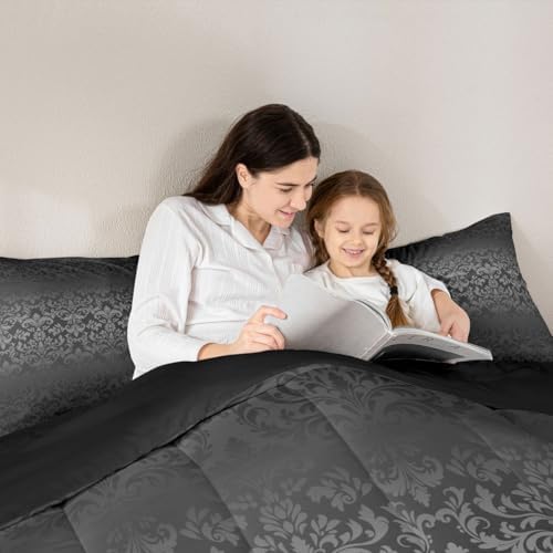 jejeloiu Gothic Damask Bedding Set Soft for Boys Girls, Vintage Jacquard Comforter Set Twin Size Black Exotic Floral Duvet Quilt Microfiber Antique Classic Bedroom Decor 2 Pcs with 1 Pillow Cases
