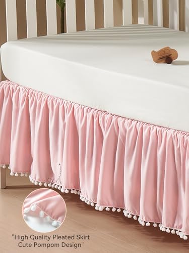 TILLYOU Baby Crib Skirt Girls Boys, Ruffled Bed Skirt with Pompoms, 28”x 52”, 14'' Drop, Pink