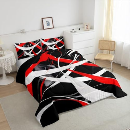 Feelyou Red Gray Black Comforter Toddler Size, Kids Geometrics Comforter Set Boys Girls Stripes Lines Comforter Abstract Duvet Insert with 1 Pillow Case