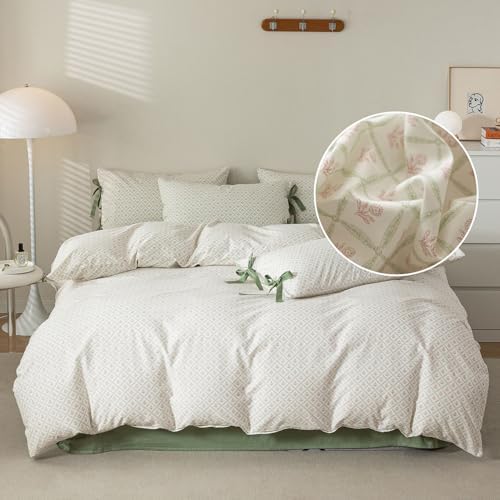 Pink Floral Duvet Cover Twin XL Chic Plaid Grid Duvet Cover with 2 Bowknot Pillowcases Vintage Boho Floral Bedding Set Aesthetic Cute Flower Comforter Cover Soft Cotton Girls Cottagecore Bedding Set