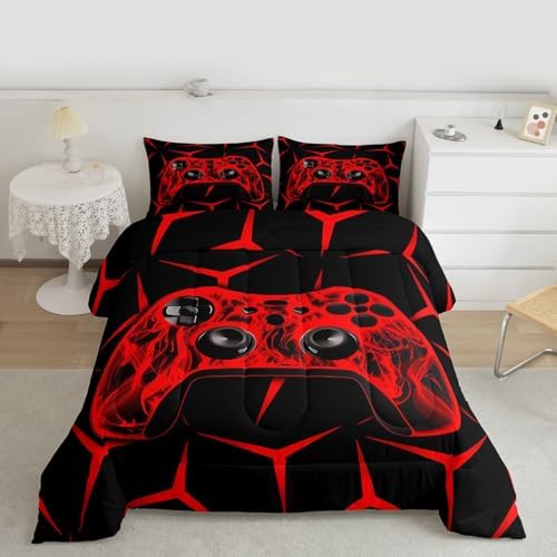 Feelyou Gamer Bedding Set Gamepad Comforter Set for Kids Boys Girls Teens Room Decor Gaming Gifts Comforter King Size Game Controller Red Duvet Set 3Pcs