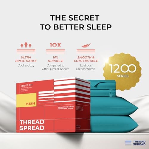 THREAD SPREAD 100% Egyptian Cotton King Size Sheets Set - Luxury 1200 Series Plush Collection Egyptian Cotton Sheets King Size (4 PC, Teal), Silky Soft, Cooling, 17" Deep Pocket Bed Set