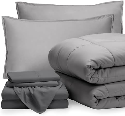 Bare Home Bed-in-A-Bag 7 Piece Comforter & Sheet Set - King - Goose Down Alternative - Ultra-Soft 1800 Premium Bedding Set (King, Light Grey/Grey)