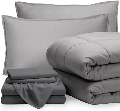 Bare Home Bed-in-A-Bag 7 Piece Comforter & Sheet Set - King - Goose Down Alternative - Ultra-Soft 1800 Premium Bedding Set (King, Light Grey/Grey)