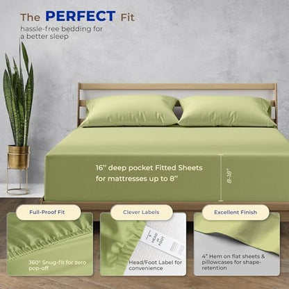 THREAD SPREAD Egyptian Cotton Sheets King Size - 1000 Series High Thread Count Cotton King Size Sheets Set (4 PC, Sage Green), 16" Snug Fit Deep Pocket, Sateen Weave Ultra-Soft Hotel Luxury Sheet Set