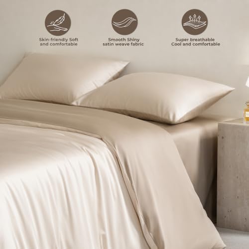 Full Size Duvet Cover, 100% Egyptian Cotton,1600 Thread Count, Reversible Duvet Cover, Soft and Breathable Satin Bedding Set, All Seasons (Heather Oat Beige, 80"x90")