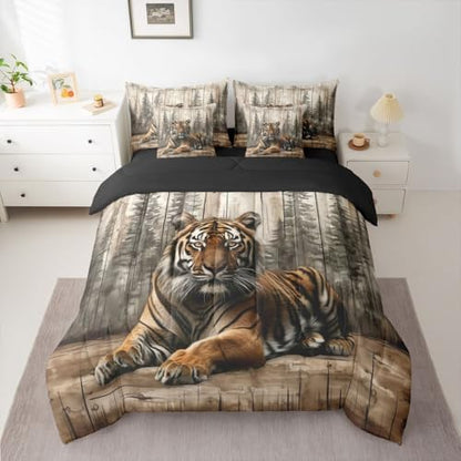 Erosebridal 3D Tiger King Comforter Set with Sheets 7 Piece Wild Animals Bed in A Bag Natural Hunting Wildlife Bedding Sets for Teens Teenager Vintage Woodland Forest Bed Set