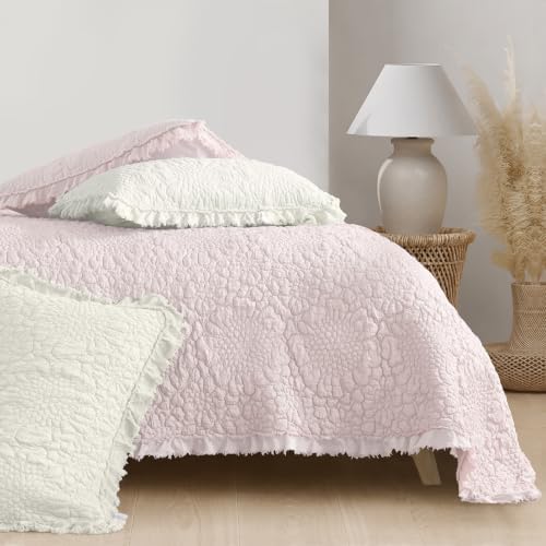 HORIMOTE HOME Cream White Ruffled Quilt Queen Size, Soft Lightweight Crinkled Farmhouse Shabby Chic Bedding Set, 3 Pieces Reversible Bedspread with Pillow Sham for All Season