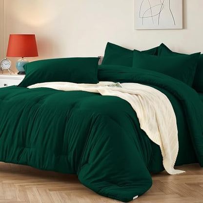 Queen Comforter Set 7 Piece with Lightweight Comforter, Dark Green