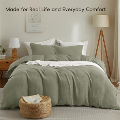 PHF 100% Cotton Muslin Duvet Cover King Size 3-Layer, 104"x90", Dusty Sage