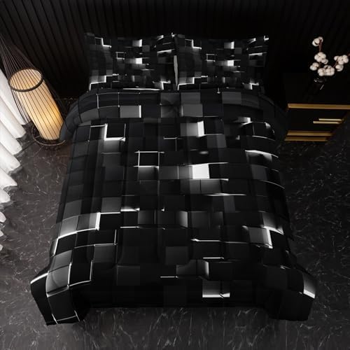 Nttopship Neon White Black Comforter Set King Geometric Kids Bedding Set,3 PCS Geometry Honeycomb Bed Set Modern Quilt Set 1 Comforter 2 Pillow Cases Cool Room Decor All Season B-Side Black