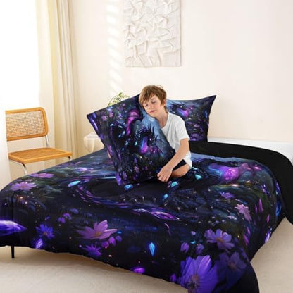 Feelyou Dragon Bedding Set Soft for Boys Girls, Wild Life Comforter Set Full Size Jungle Dragon Duvet Quilt Microfiber Fantasy Animal Bedroom Decor Magical Beast 3 Pcs with 2 Pillow Cases