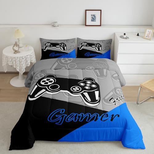 Feelyou Gaming Bedding Set for Kids Gamer - King Size, 1 Comforter with 2 Pillowcases - Blue, Black, Grey