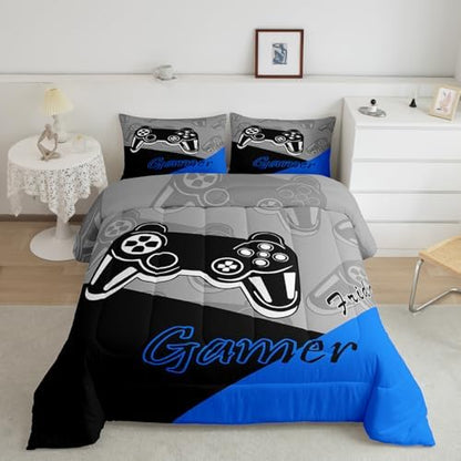 Feelyou Gaming Bedding Set for Kids Gamer - King Size, 1 Comforter with 2 Pillowcases - Blue, Black, Grey