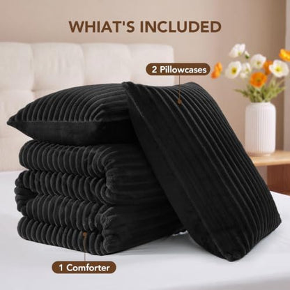 HYLEORY Fluffy King Comforter Set 3 Pieces - Fleece Fluffy Soft & Warm Plush Black Comforter Sets, Luxury Fuzzy Bedding Sets, All Season Heavy Bed Set King Size with 2 Pillowcases