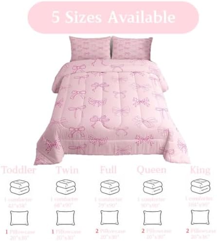 jejeloiu Bowknot Kids Comforter Set King Size Pink Bow Bedding Set Dreamy Princess Style Duvet Quilt for Kids Boys Girls Bedroom Pink Bow Tie Decor Microfiber Ultra Soft Breathable