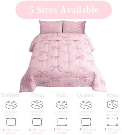 jejeloiu Bowknot Kids Comforter Set King Size Pink Bow Bedding Set Dreamy Princess Style Duvet Quilt for Kids Boys Girls Bedroom Pink Bow Tie Decor Microfiber Ultra Soft Breathable