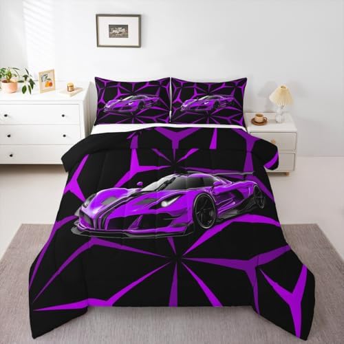 Castle Fairy Purple Race Car Comforter Set Full Size,Abstract Art Racing Car Duvet Sets for Kids Teens Adults Bedroom Decor,Extreme Sports Ultra Soft Bedding Comforter,3 Pcs