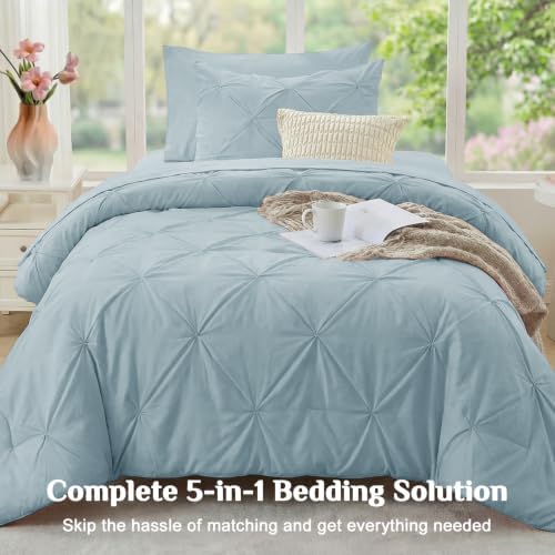 JOLLYVOGUE Twin XL Comforter Set 5 Pieces - Bed in a Bag Twin XL for All Season, Pintuck Bedding Comforter Sets with Comforter, Flat Sheet, Fitted Sheet and Pillowcases & Shams, Greyish Blue