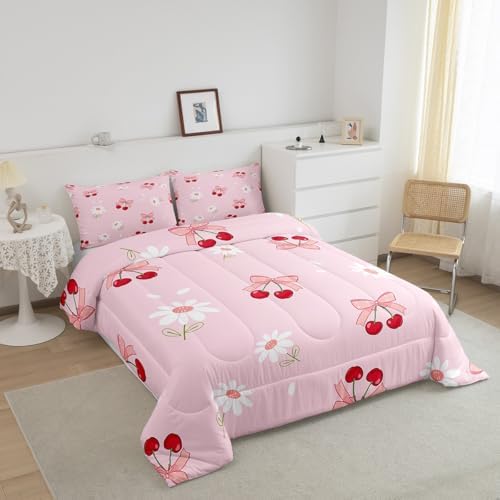 Pink Bowknot Girly Comforter Set Queen Size,Bow Daisy Flowers Plant Cute Bedding Set,Girls Women Room Decor,Cherry Bow Tie Princess Castle Down Comforter,Pink Romantic Duvet Insert,2 Pillowcases
