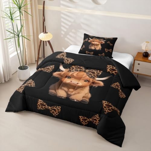 Feelyou Cartoon Highland Cow Comforter Set Twin Size Cute Leopard Bow Print Bedding Set for Kids Boys Girls Kawaii Animal Style Duvet Quilt Bedroom Decor Microfiber 2 Pcs with 1 Pillow Case