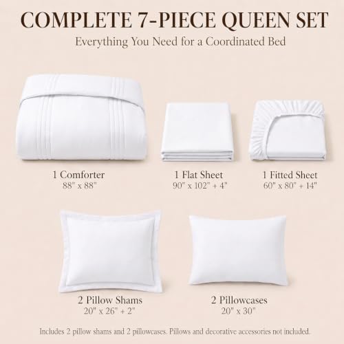 CozyLux Queen Comforter Set White - 7 Pieces Vertical Quilted Bed in a Bag