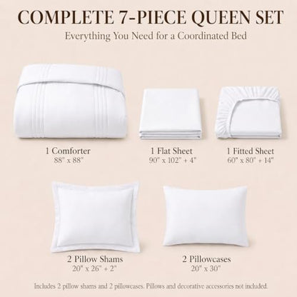 CozyLux Queen Comforter Set White - 7 Pieces Vertical Quilted Bed in a Bag