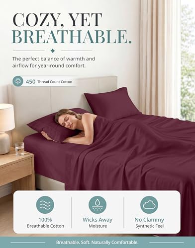 450TC 100% Cotton Twin Single Bed Sheets - Soft Sateen Weave, Windsor Wine