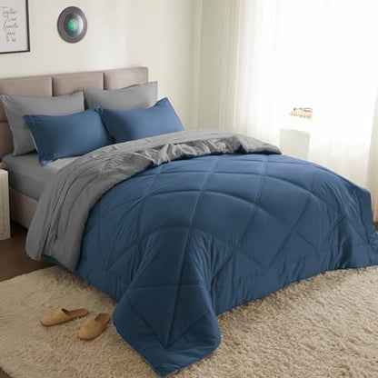 Joiedomi California King Comforter Set with Sheets Navy Blue, 7 Pieces Bedding Set with 1 Down Alternative Comforter, 1 Flat Sheet, 1 Fitted Sheet, 2 Pillowcases and 2 Pillow Shams, Bed in a Bag