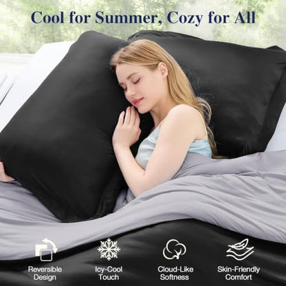 MUXHOMO Cooling Comforter Set Full Size, Lightweight Summer Comforter for Hot Sleeper, Reversible Bedding with ICY Cooling Surface, Includes 1 Comforter (82"x86") and 2 Shams (20"x 26"), Black