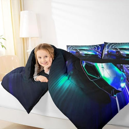 Feelyou Boys Sports Car Bedding Set Soft for Boys Girls, Speed Sports Comforter Set Full Size Blue Racing Car Duvet Quilt Microfiber Extreme Bedroom Decor 3 Pcs with 2 Pillow Cases