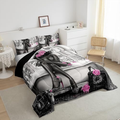 jejeloiu Afrcian American Woman Comforter Set Full Size Kids Pink Black Bedding Set Boys Girls Teens Ethnic Afro Duvet Breathable Traditional Exotic Quilt Bedroom Decor,1 Comforter with 2 Pillowcase