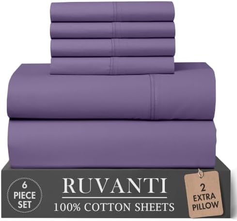 RUVANTI 100% Cotton Full Sheet Set, Percale Full Size Sheets, Purple Sage